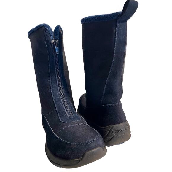 LANDS END NAVY BLUE SUEDE & FABRIC FLEECE LINED MID CALF SNOW BOOT FRONT ZIP 7 B - Picture 1 of 8
